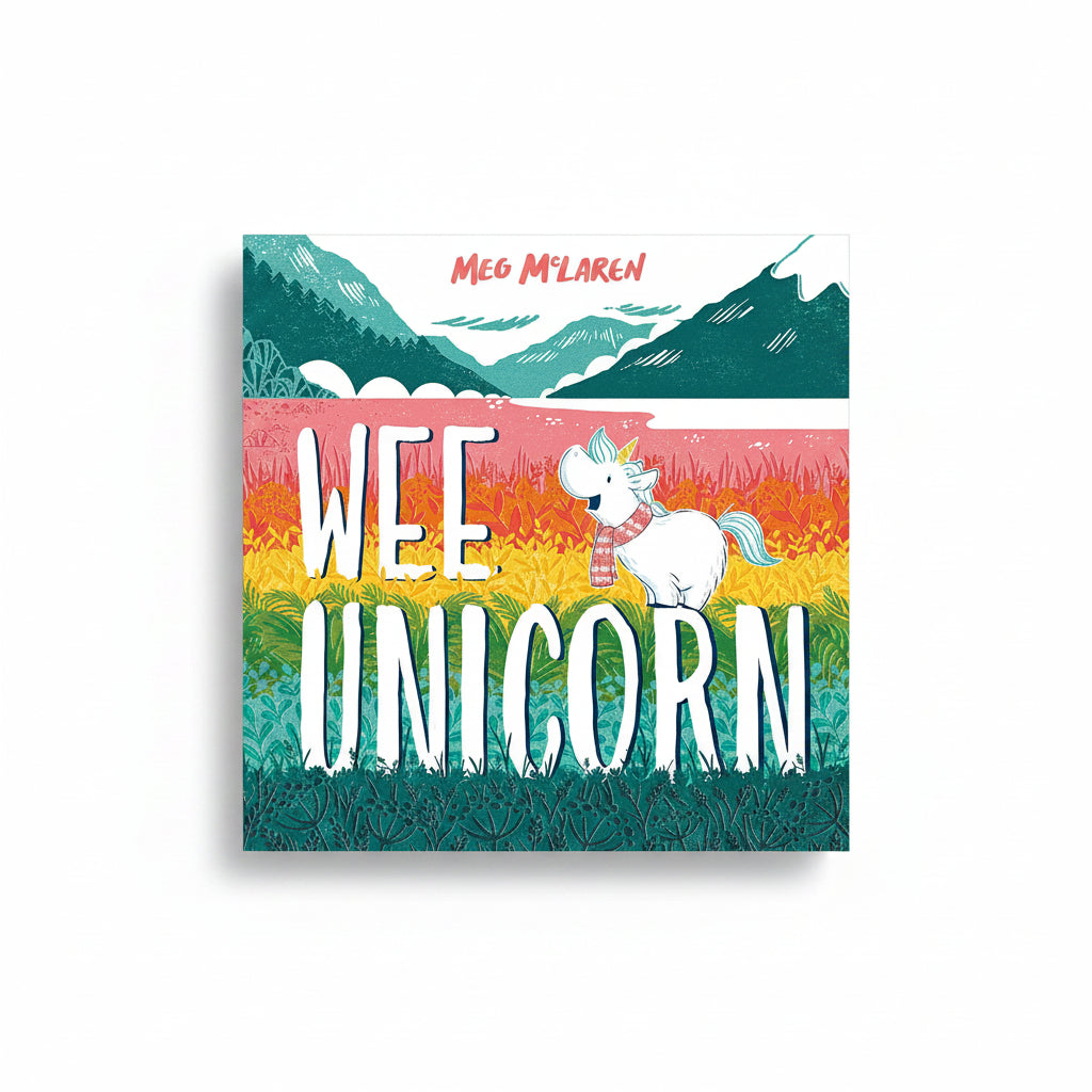 Wee Unicorn Book cover by Meg McLaren – Illustrated children’s book featuring a cute white unicorn in a tartan scarf against a colourful landscape.