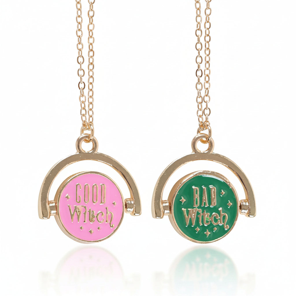 Close-up of gold chain Which Witch Are You? spinning pendant.