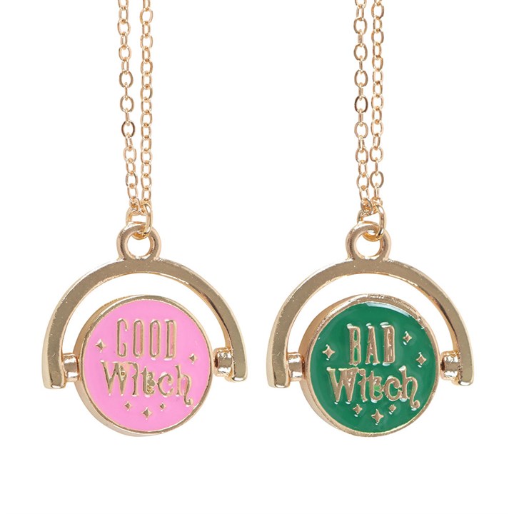 Close-up of gold chain Which Witch Are You? spinning pendant.