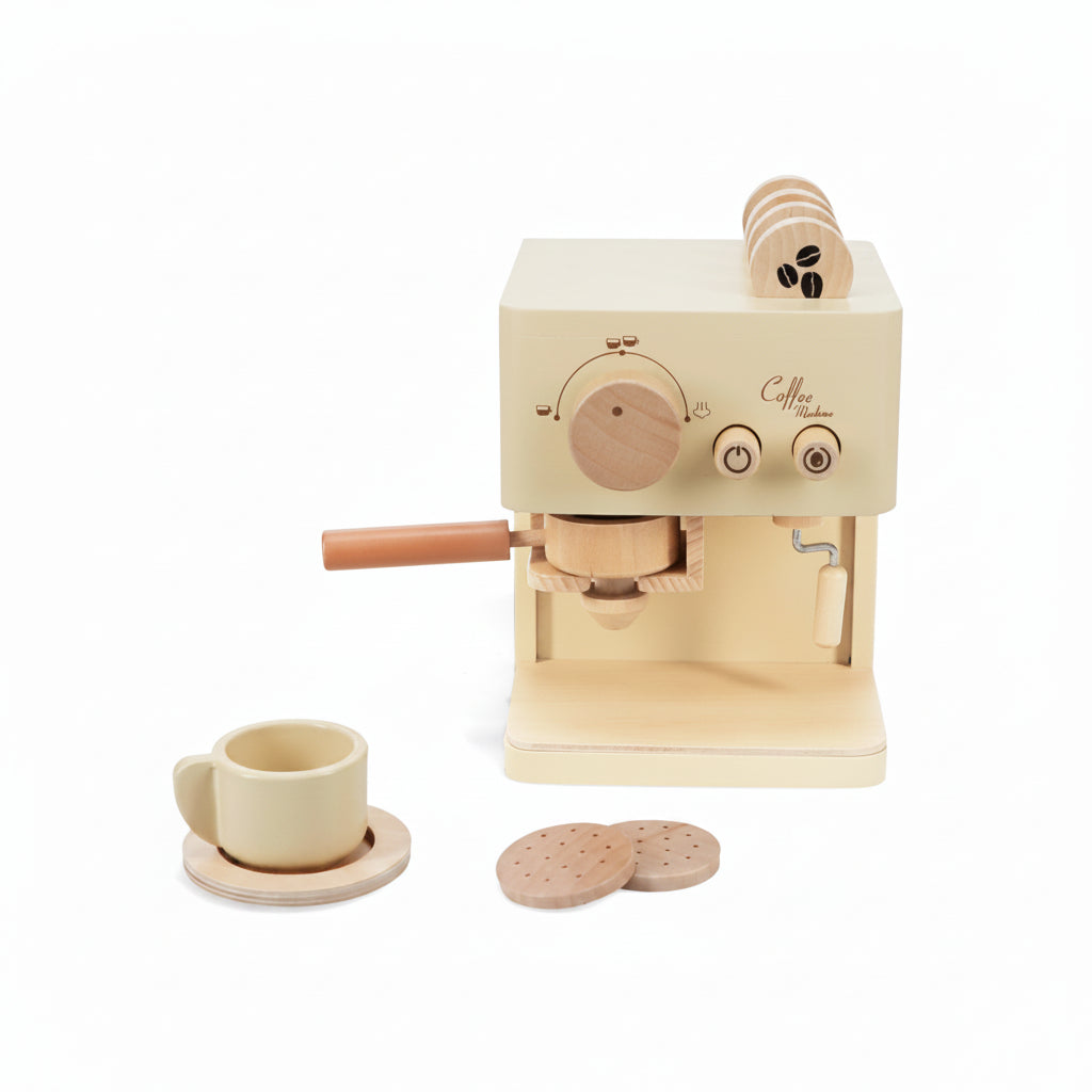 Wooden Toy Coffee Machine Playset with cup, saucer, biscotti and pods displayed beside the box.