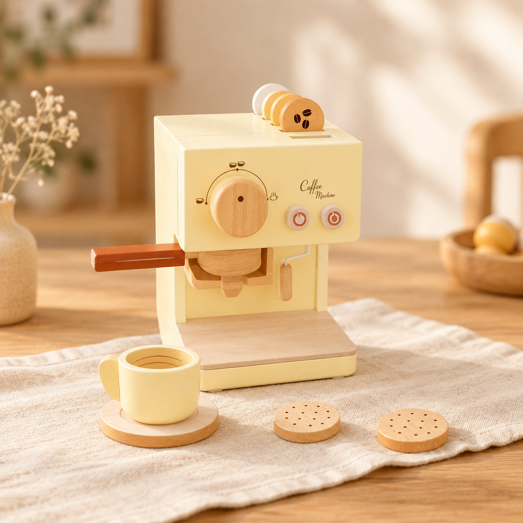 Front view of the Wooden Toy Coffee Machine Playset packaging showing the illustrated coffee machine.