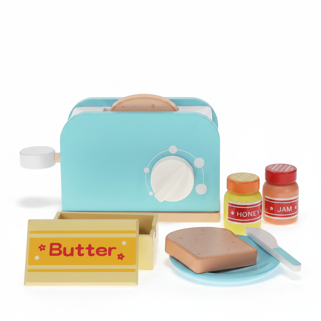 Wooden breakfast toaster set showing all pieces and accessories
