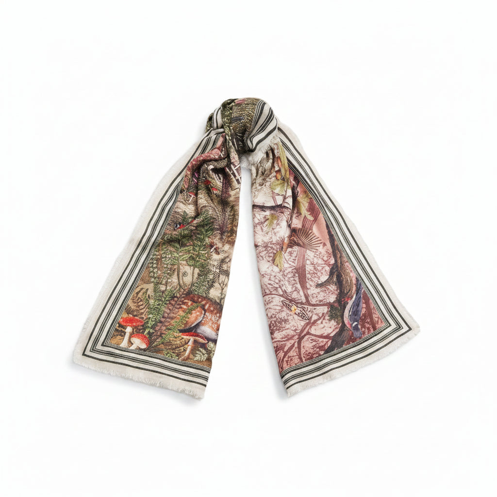 Woodland Tales scarf tied loosely showing the cream border stripes