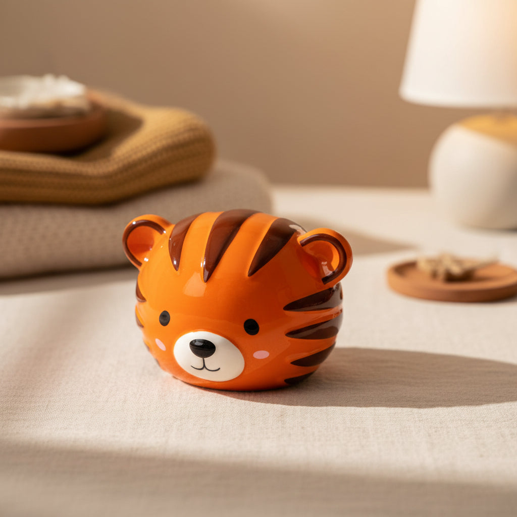 Adoramals Alfie the Tiger ceramic money box shaped like a tiger’s head with orange and brown stripes and cute facial features.