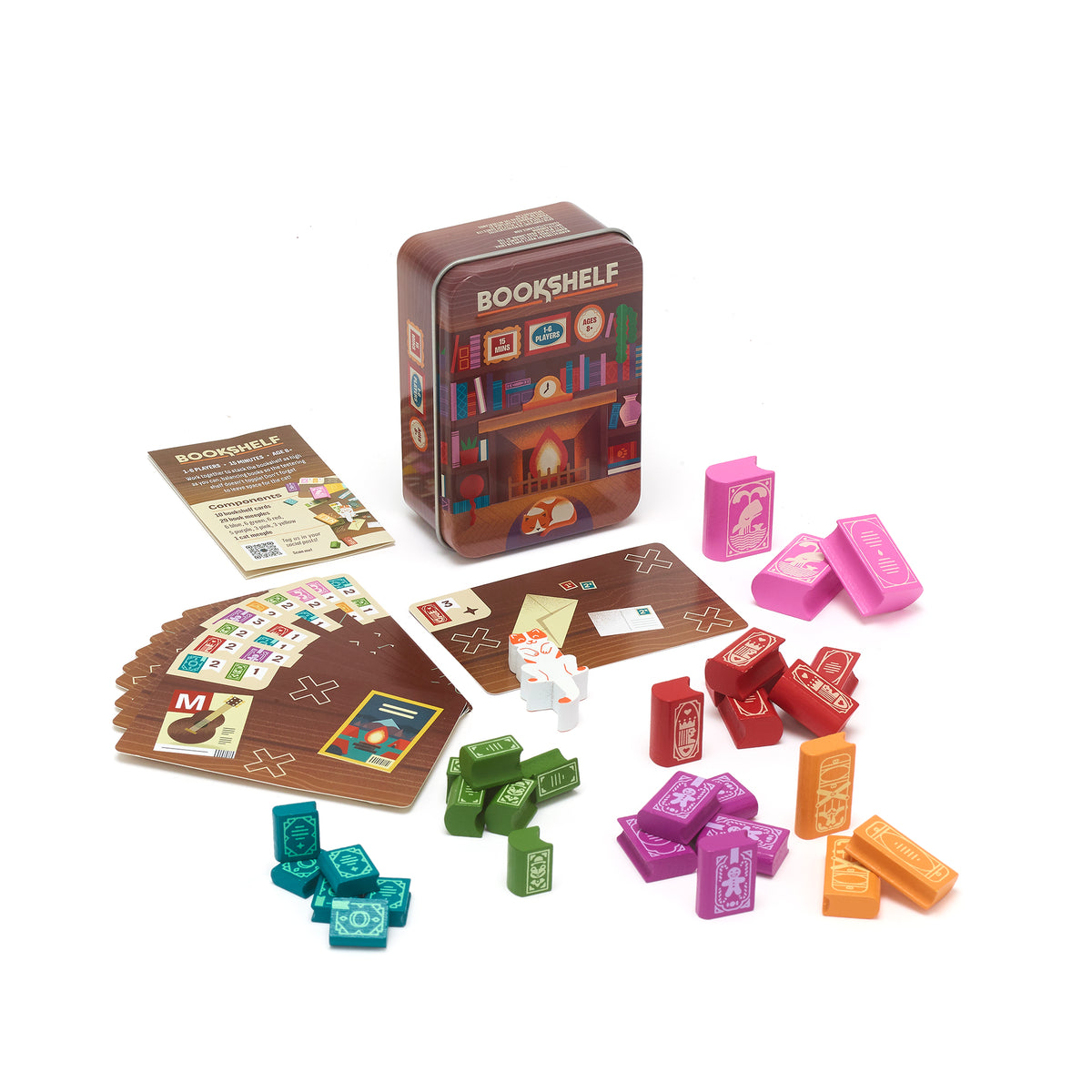Bookshelf game tin, cards and coloured book pieces on white