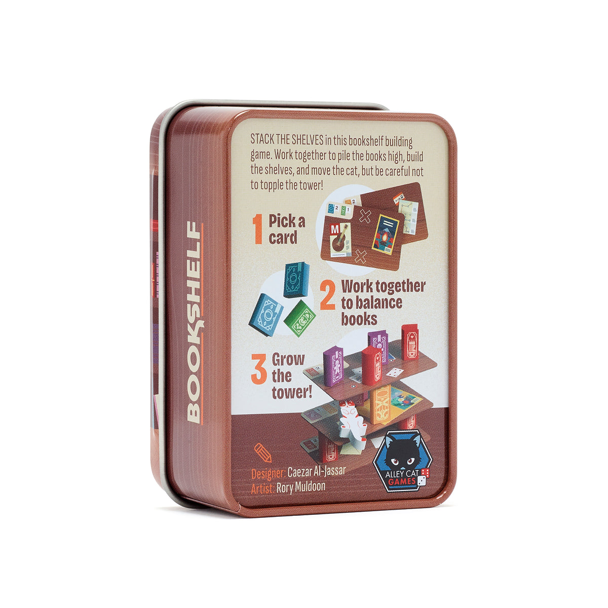 Back of the Bookshelf tin showing how to play