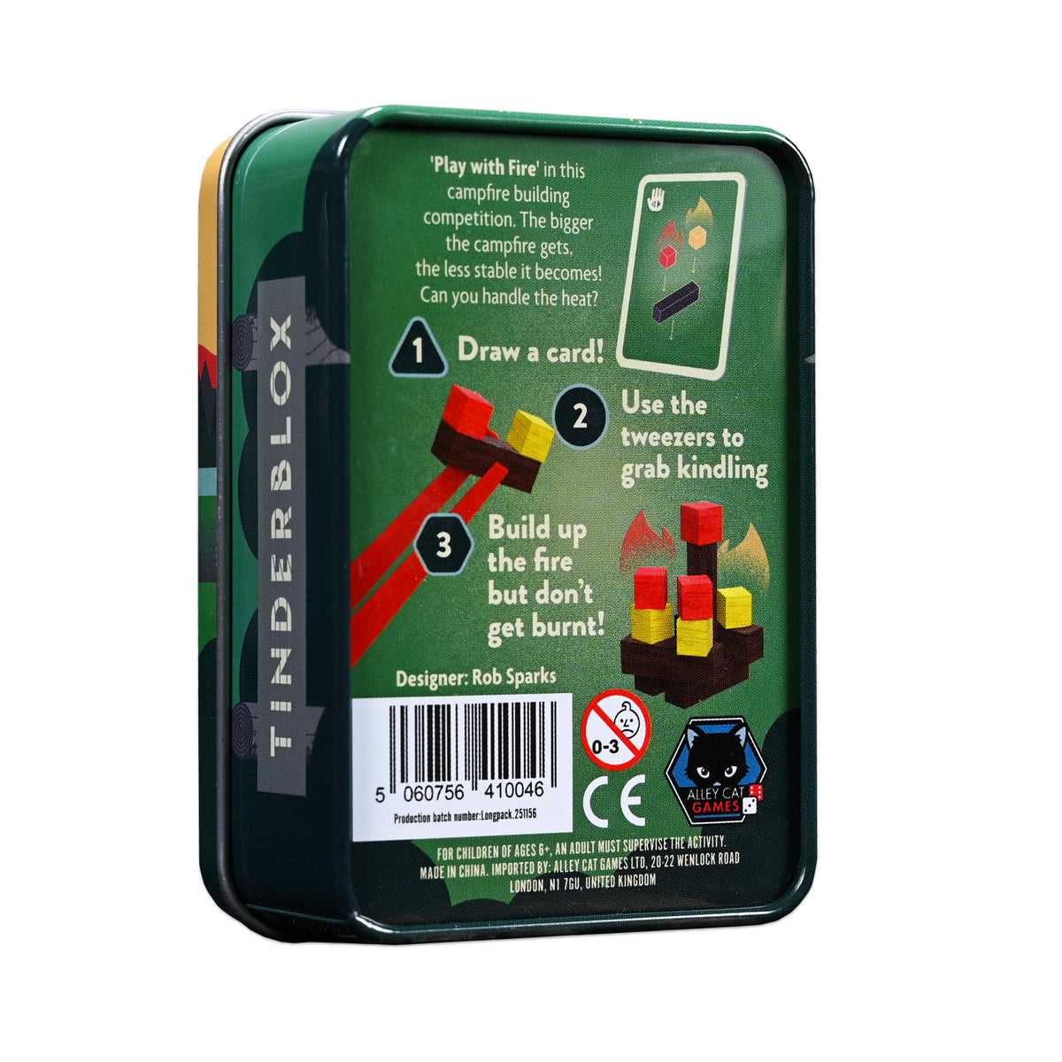 Back of the Tinderblox tin showing how to play