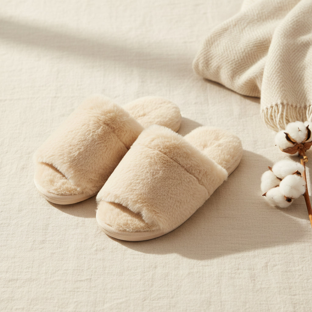 Cream faux fur warming mules, placeholder for a styled lifestyle shot