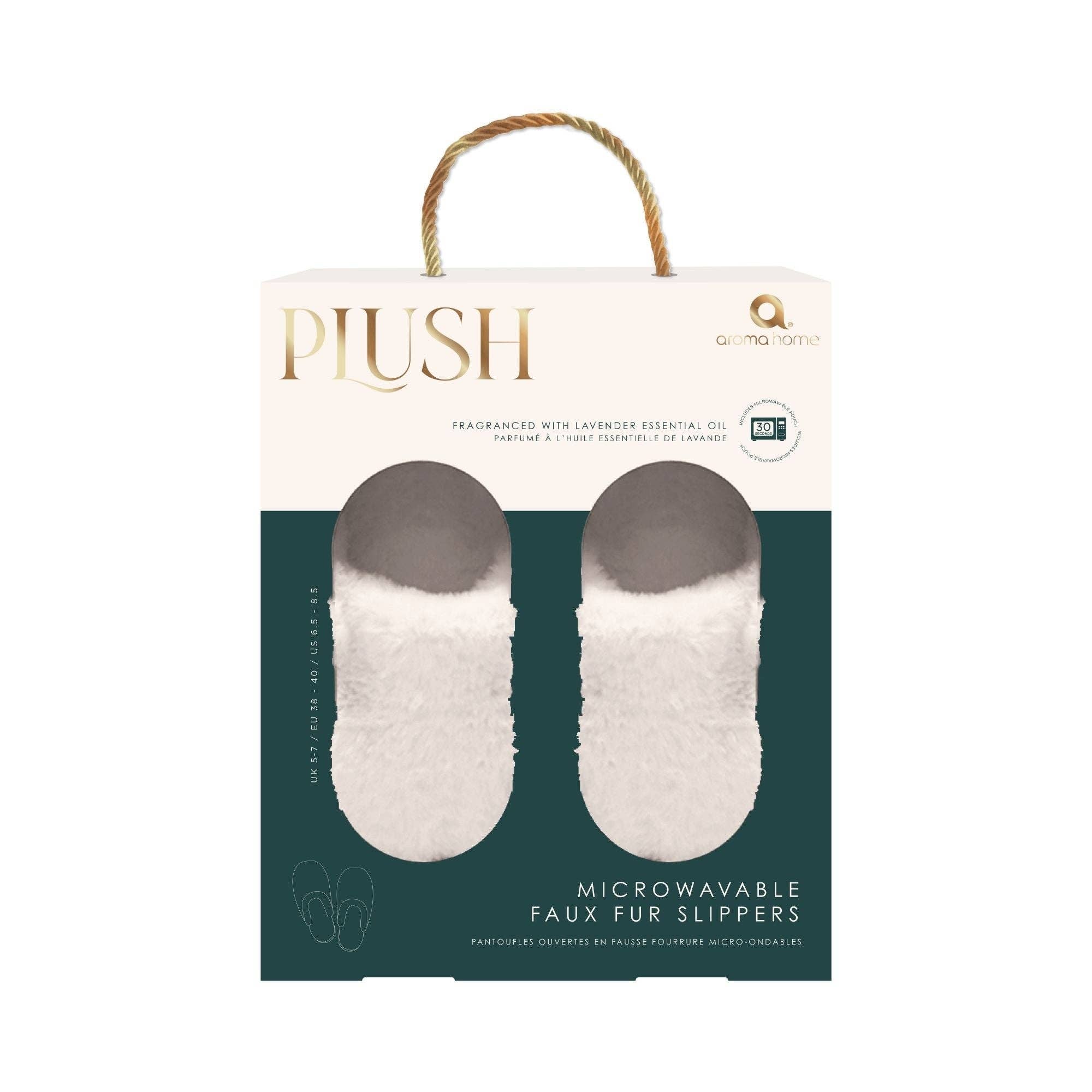 Aroma Home microwavable faux fur slippers in printed gift packaging