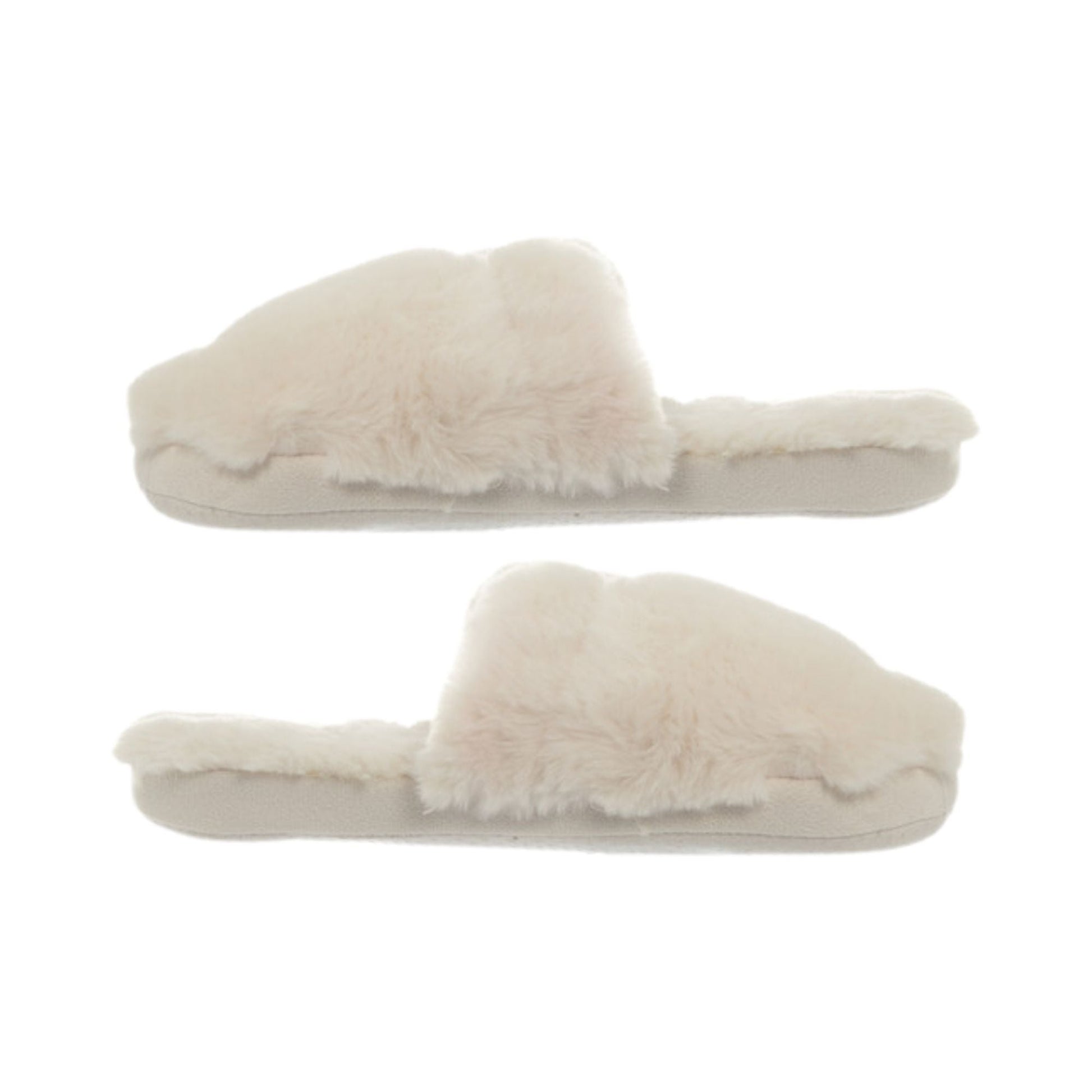 Cream faux fur mule slippers shown from the side on a white background