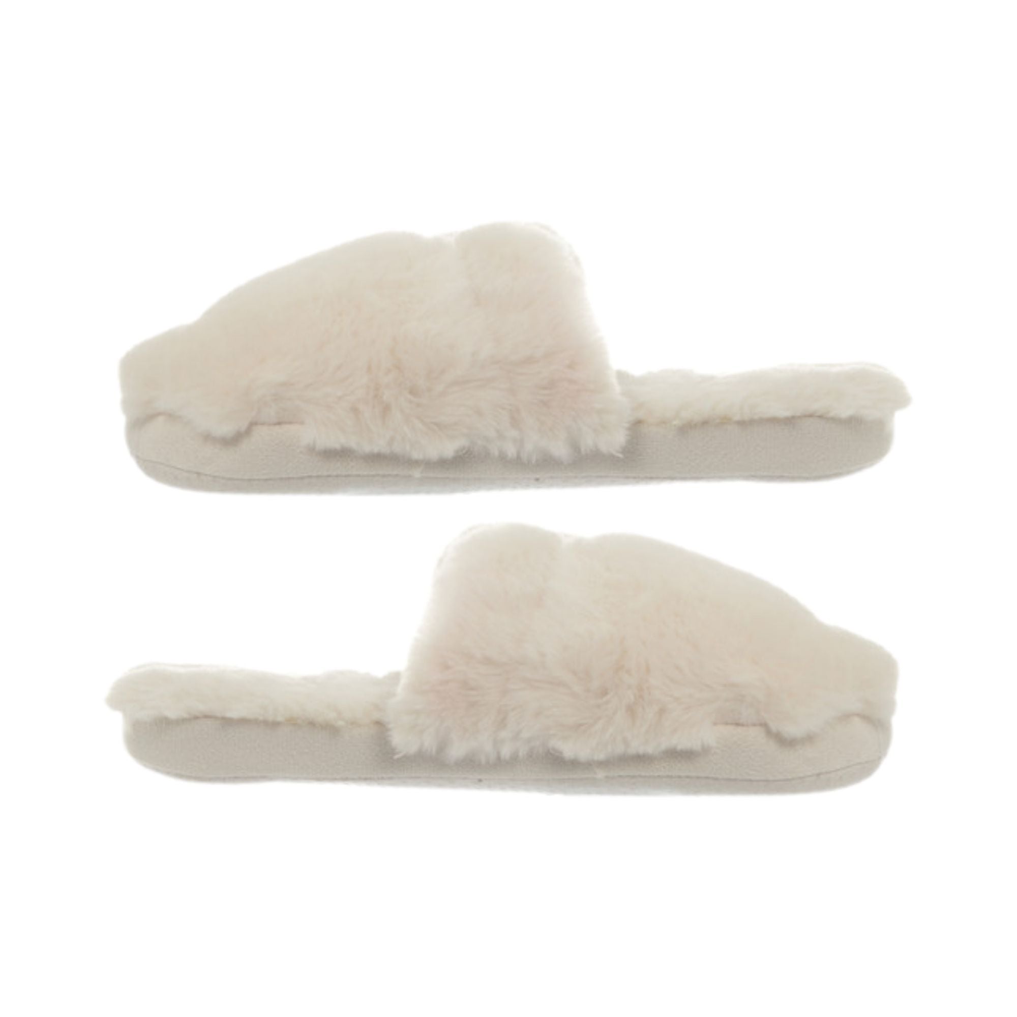 Cream faux fur mule slippers shown from the side on a white background