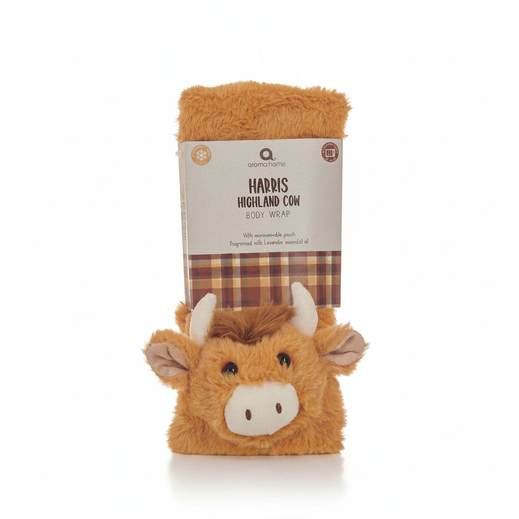Harris Highland cow body wrap with tartan fabric shown in its retail packaging