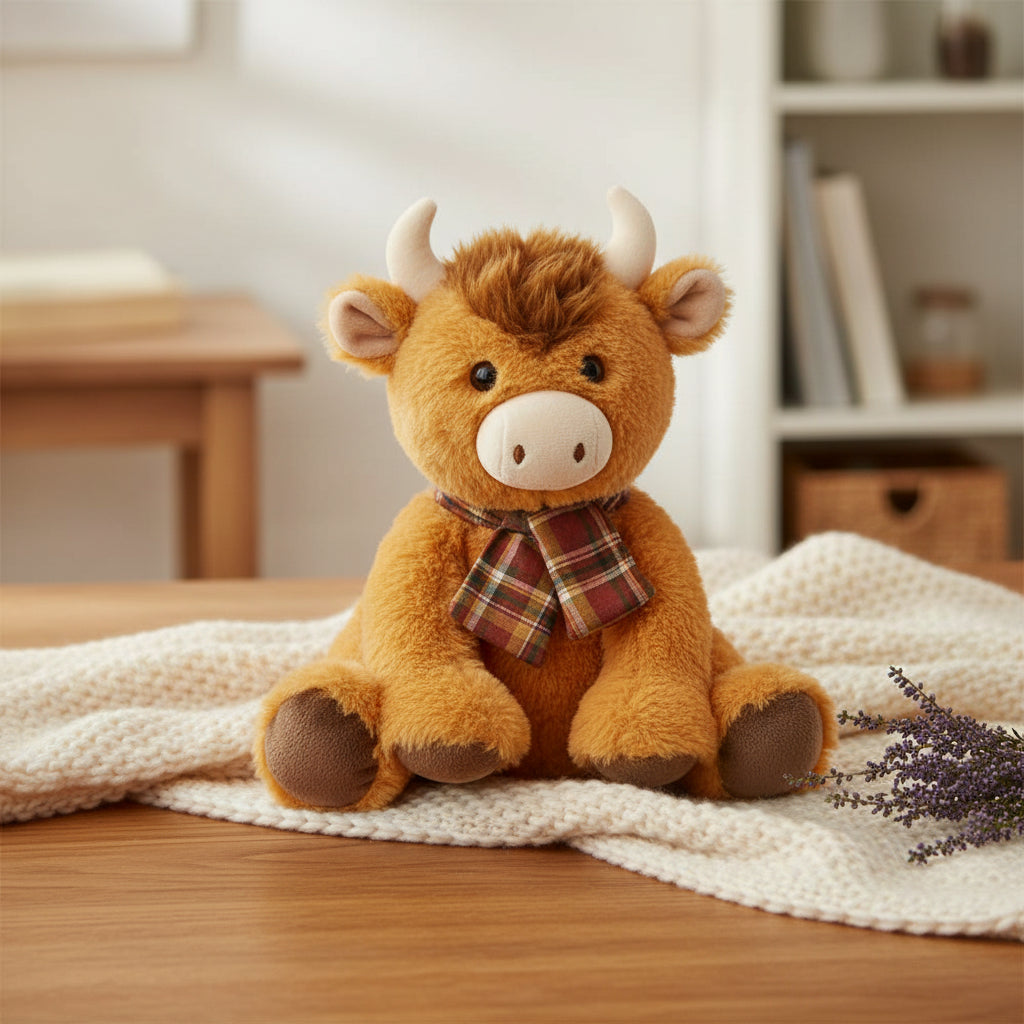 A plush Highland cow toy with brown fur, cream-colored horns and snout, and a plaid-patterned belly, shown with its retail tag against a plain white background.