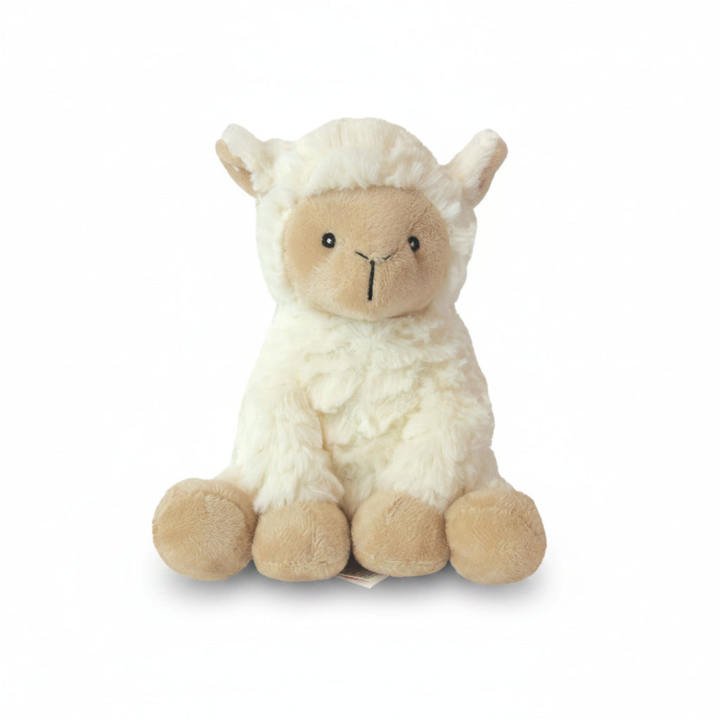 Mini lamb Snuggable Hottie seated facing forward showing tan hooves and face