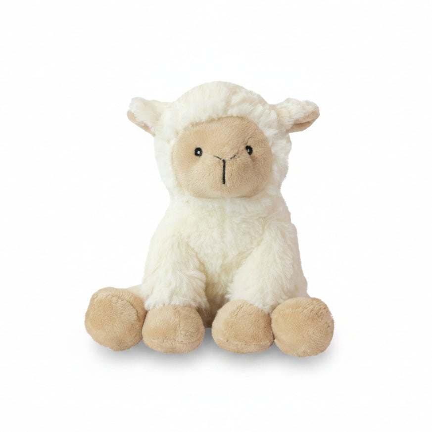 Cream mini lamb Snuggable Hottie with printed swing tag on a white background