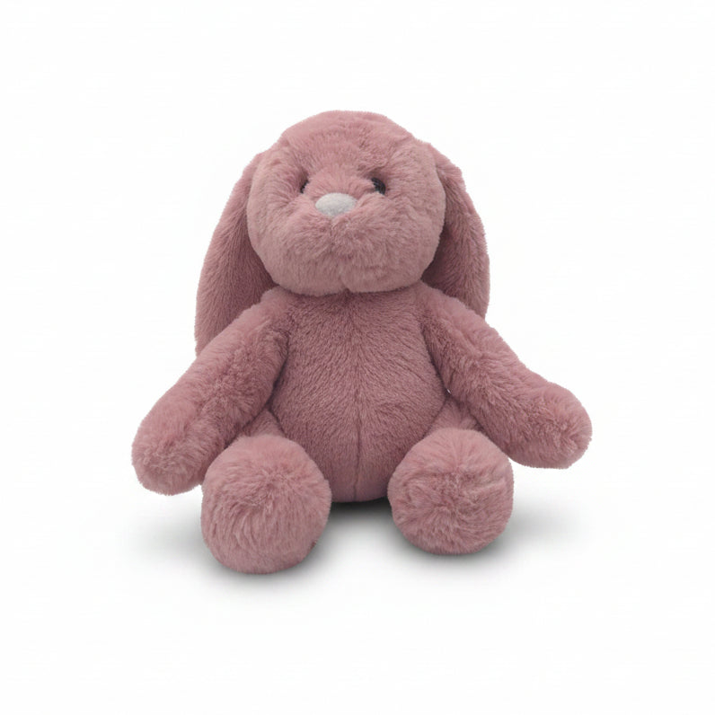 Dusky pink bunny Snuggable Hottie plush with swing tag on a white background