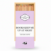 Purple wooden pencil box reading books keep me up at night with pencils