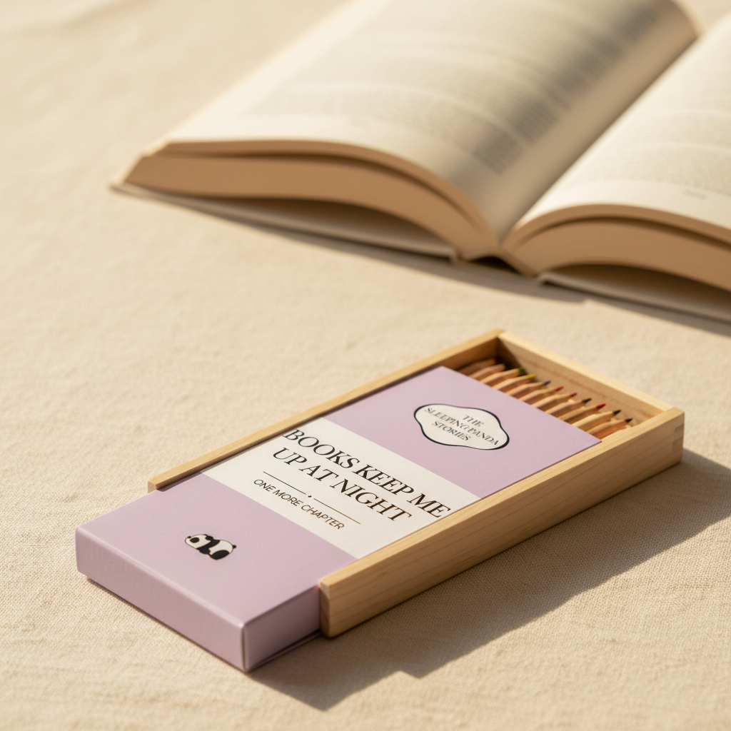 A boxed set of colored pencils in a light wood case with a lavender and white cover. The cover reads 'THE SLEEPING PANDA STORIES', 'BOOKS KEEP ME UP AT NIGHT', and 'ONE MORE CHAPTER', with a small panda illustration near the bottom.