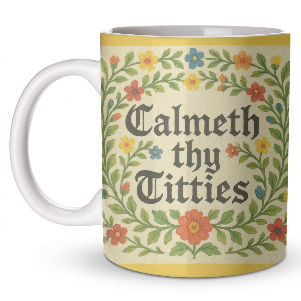 'Calmeth Thy Titties' by Ms Doodle 11oz ceramic mug, Art Wow on a clean white background