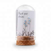 Blue crystal flower earrings in a glass dome with Plant Your Dreams card