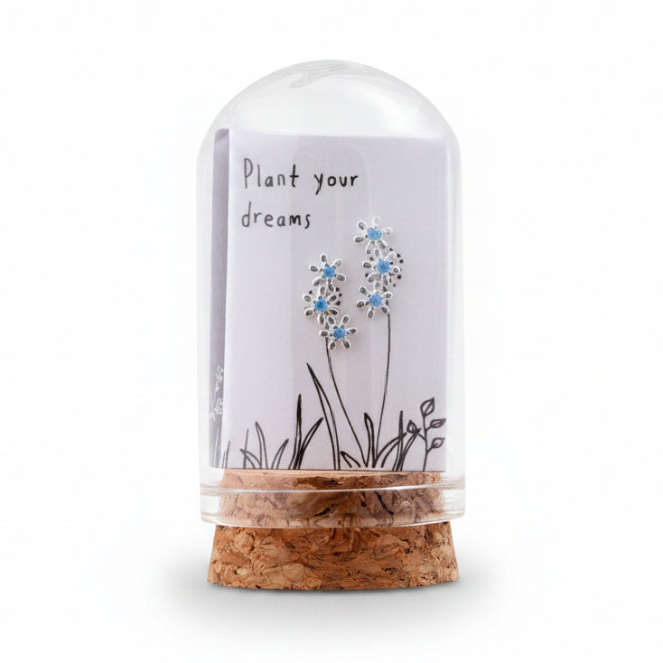 Blue crystal flower earrings in a glass dome with Plant Your Dreams card