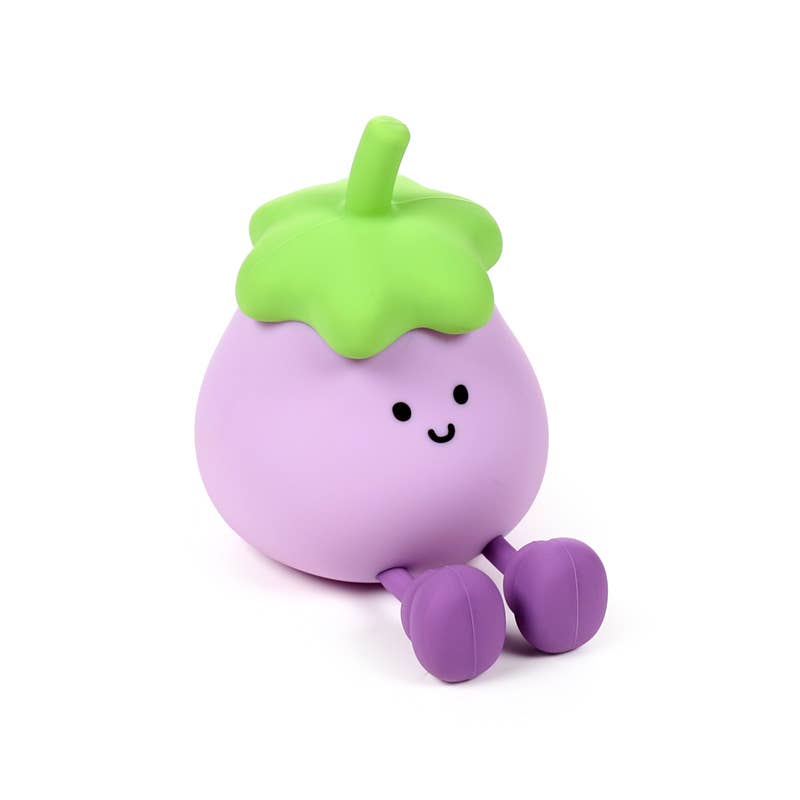 Aubergine LED Night Light turned off, showing purple body and green leaf top with smiling face.
