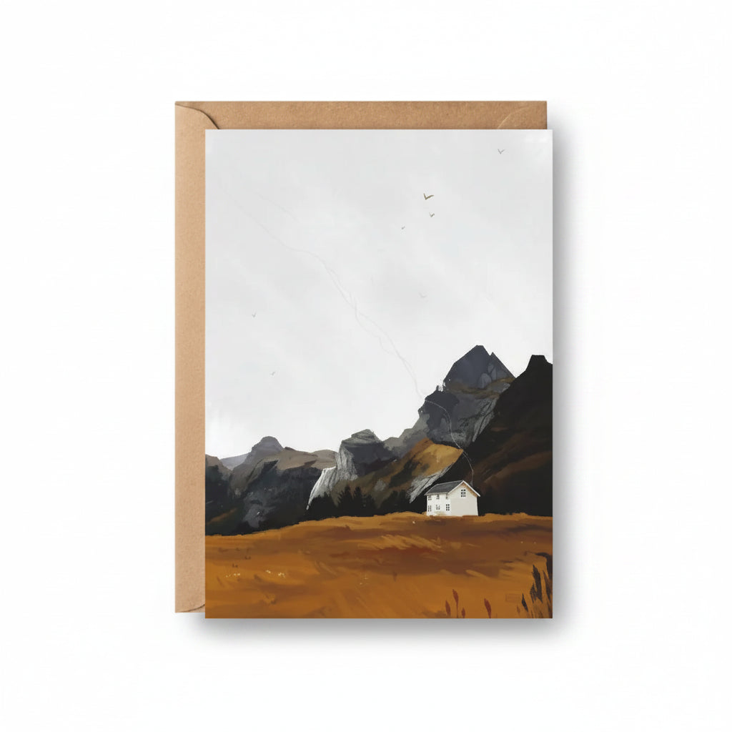 Aurora Escape greeting card featuring Sara Willia's Northern Lights landscape artwork with kraft envelope