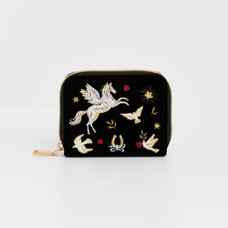 Black Celestial Velvet Embroidered Purse front view showing white Pegasus and golden star embroidery
