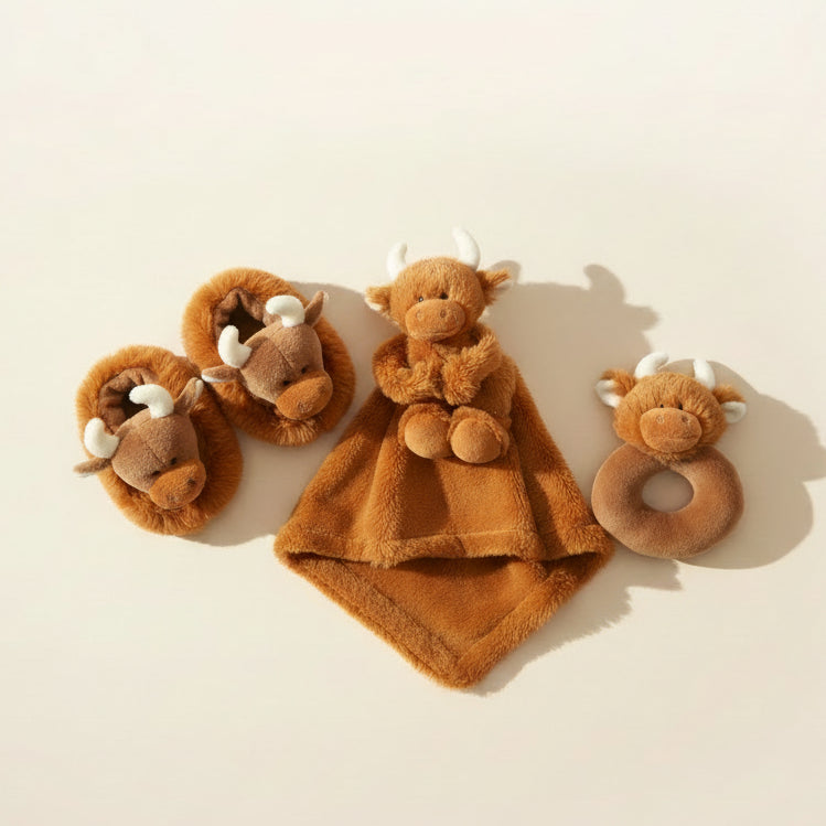 New Baby Highland Coo gift set – soother, rattle and baby slippers