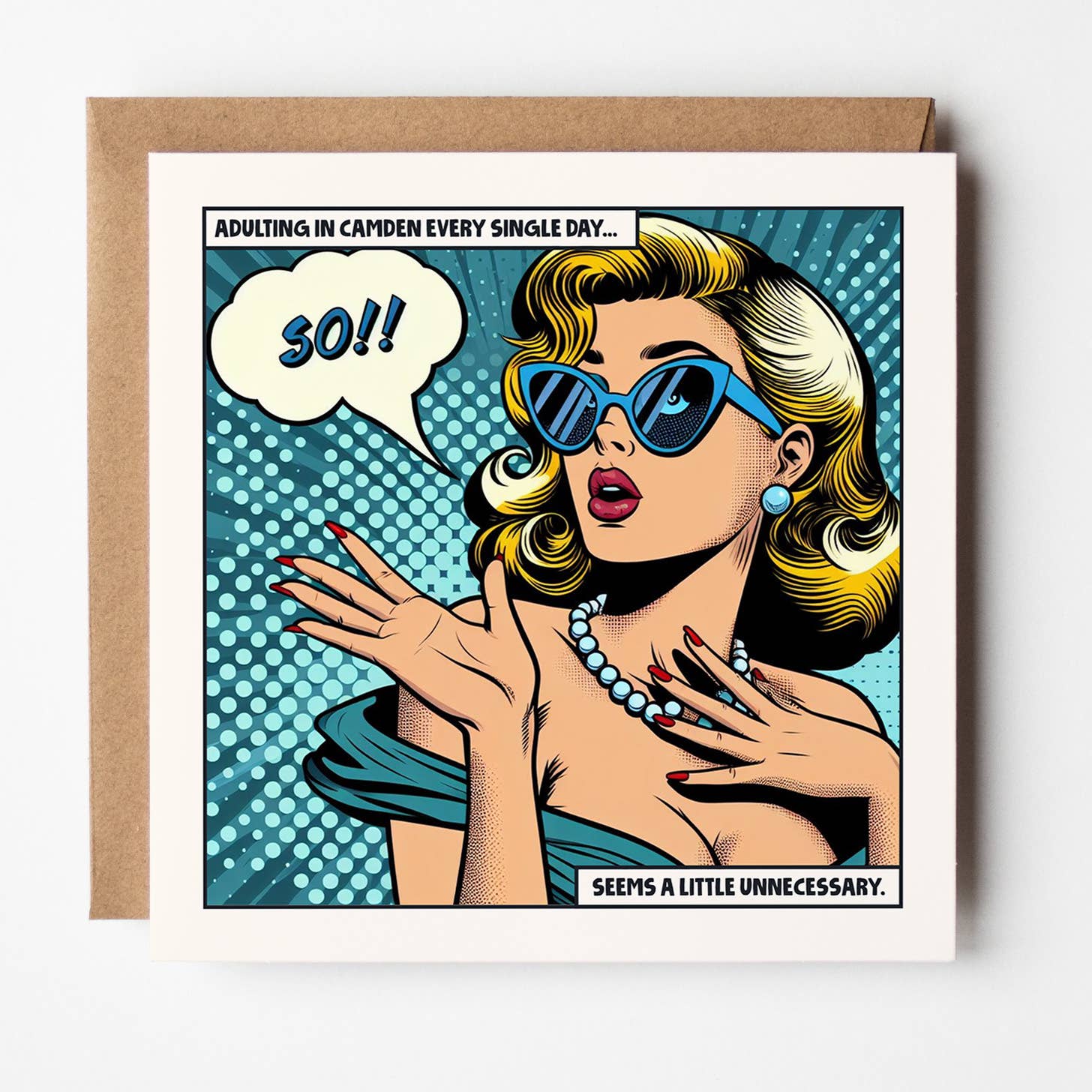 Square pop art card of a blonde woman with a So speech bubble