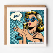 Square pop art card of a blonde woman with a So speech bubble