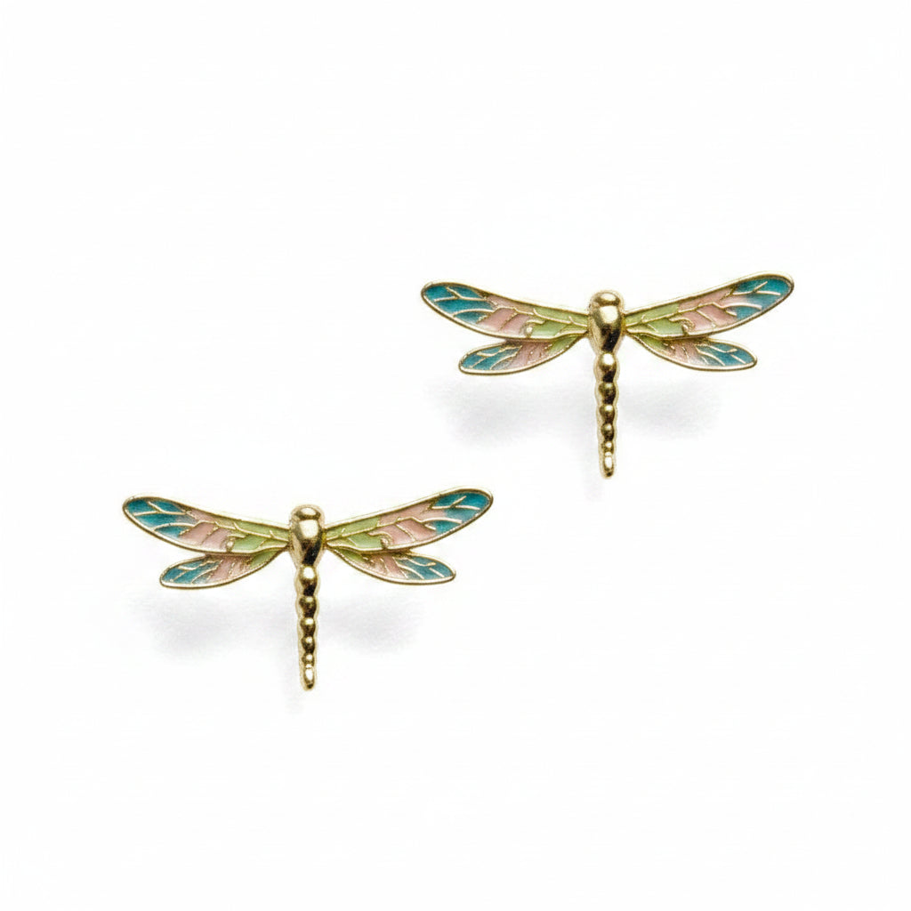 Pair of dragonfly studs showing hand-painted detail