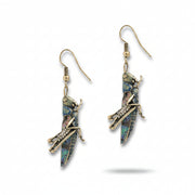 Green resin grasshopper drop earrings with crystal accents and gold fish hook fastening on white background
