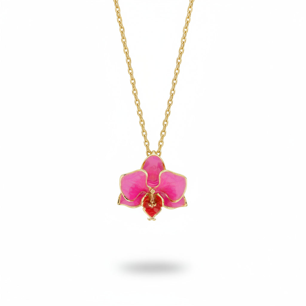Bill Skinner Orchid pendant showing detailed hand-painted enamel work.