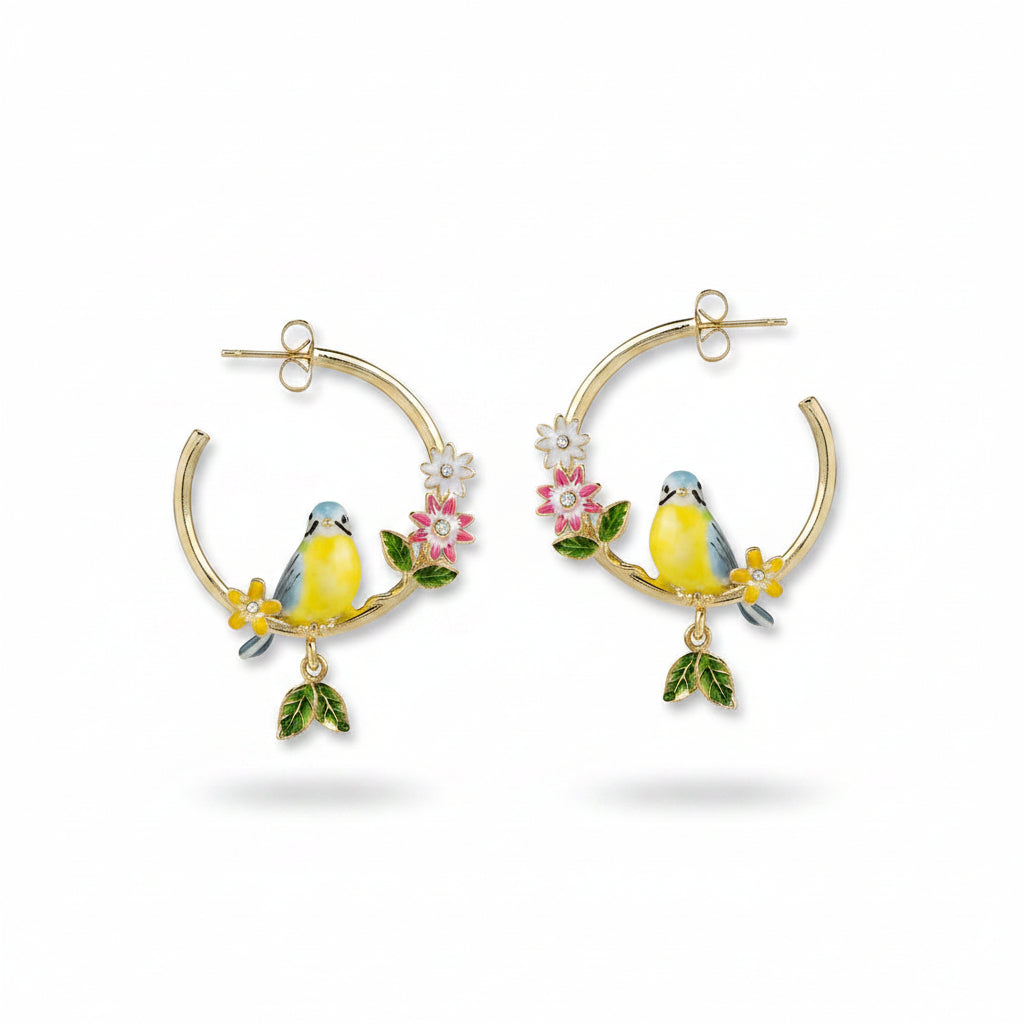 Bill Skinner Songbird hoops showing detailed enamel bird and floral design.