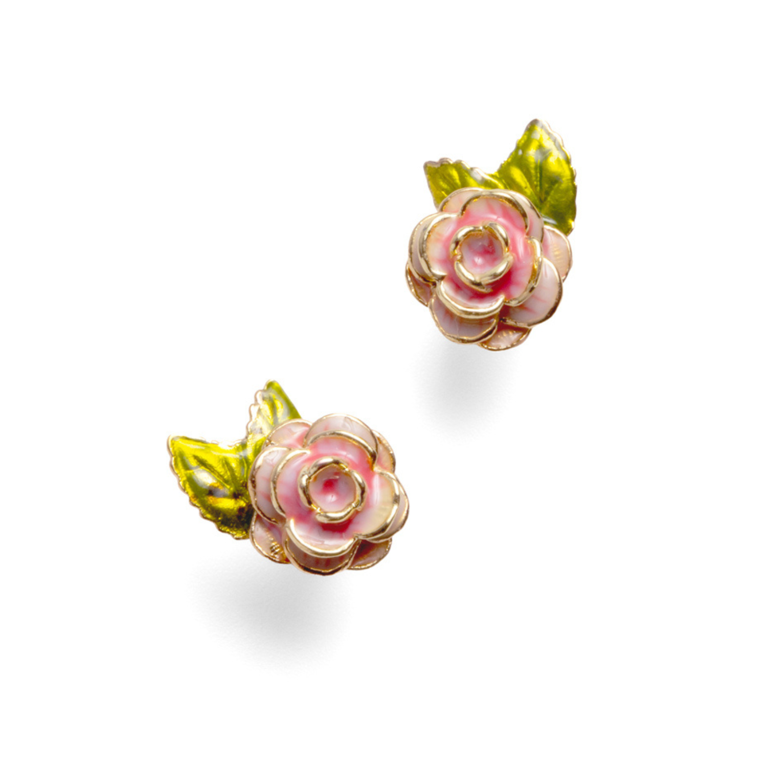 Pair of pink enamel rose stud earrings with green leaves on white background