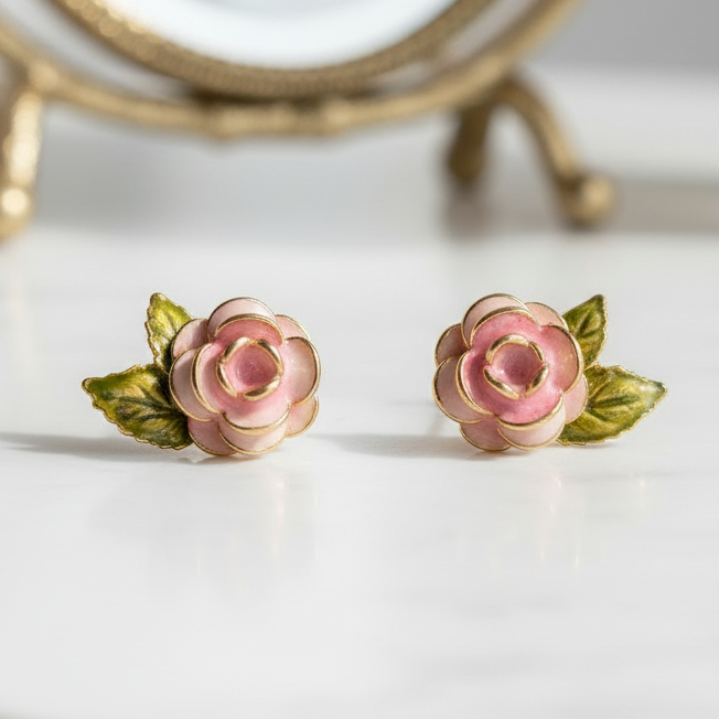 Pink rose stud earrings styled on white surface with gold vintage mirror