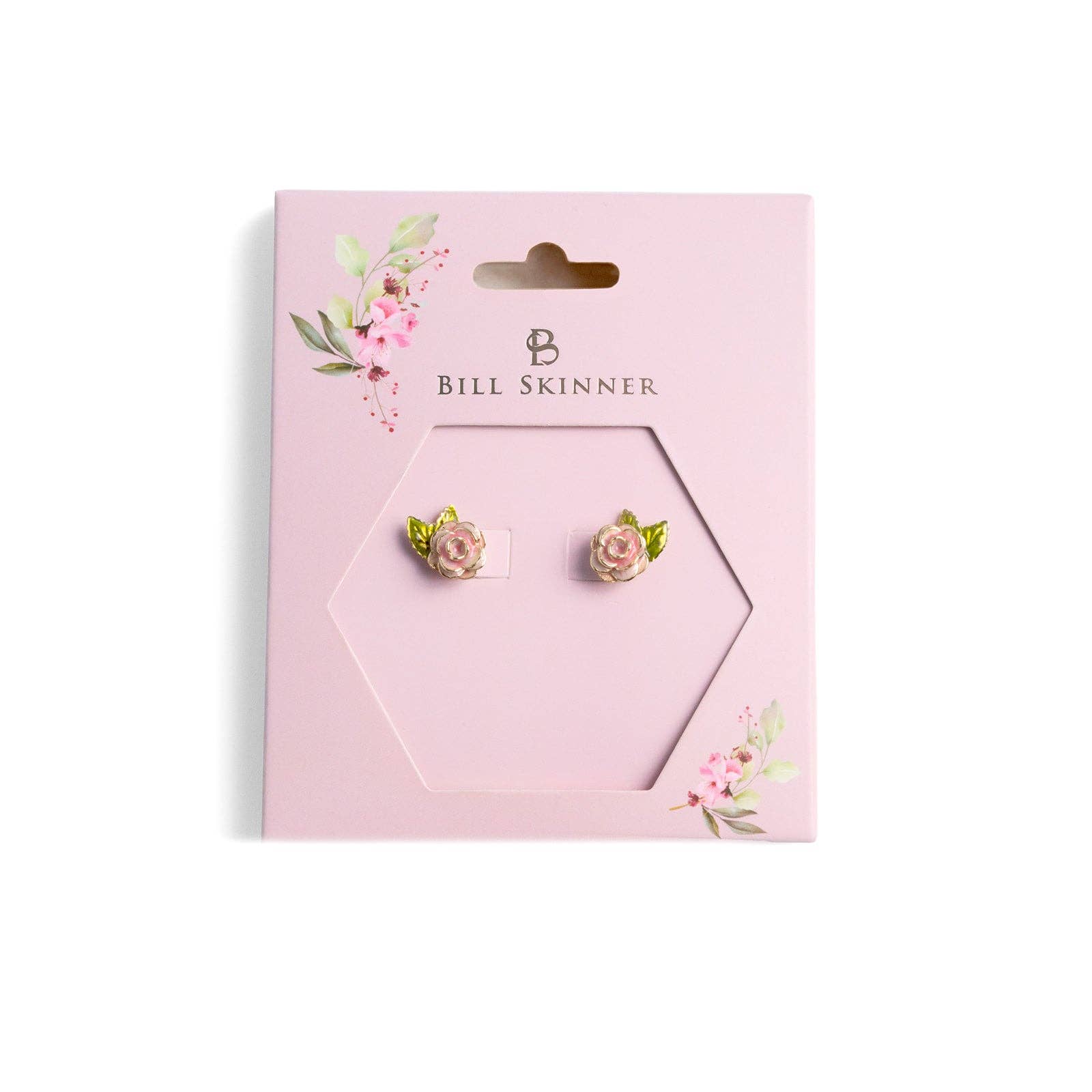 Pink rose stud earrings on Bill Skinner branded packaging card