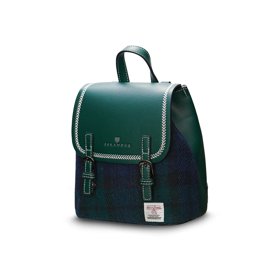 Side view of Black Watch Harris Tweed Mini Jura backpack with adjustable straps.