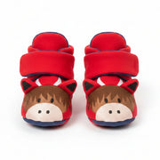 Pair of red Hamish highland cow booties on white background