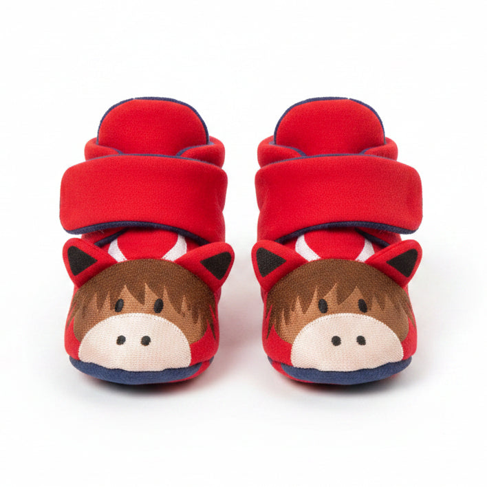 Pair of red Hamish highland cow booties on white background