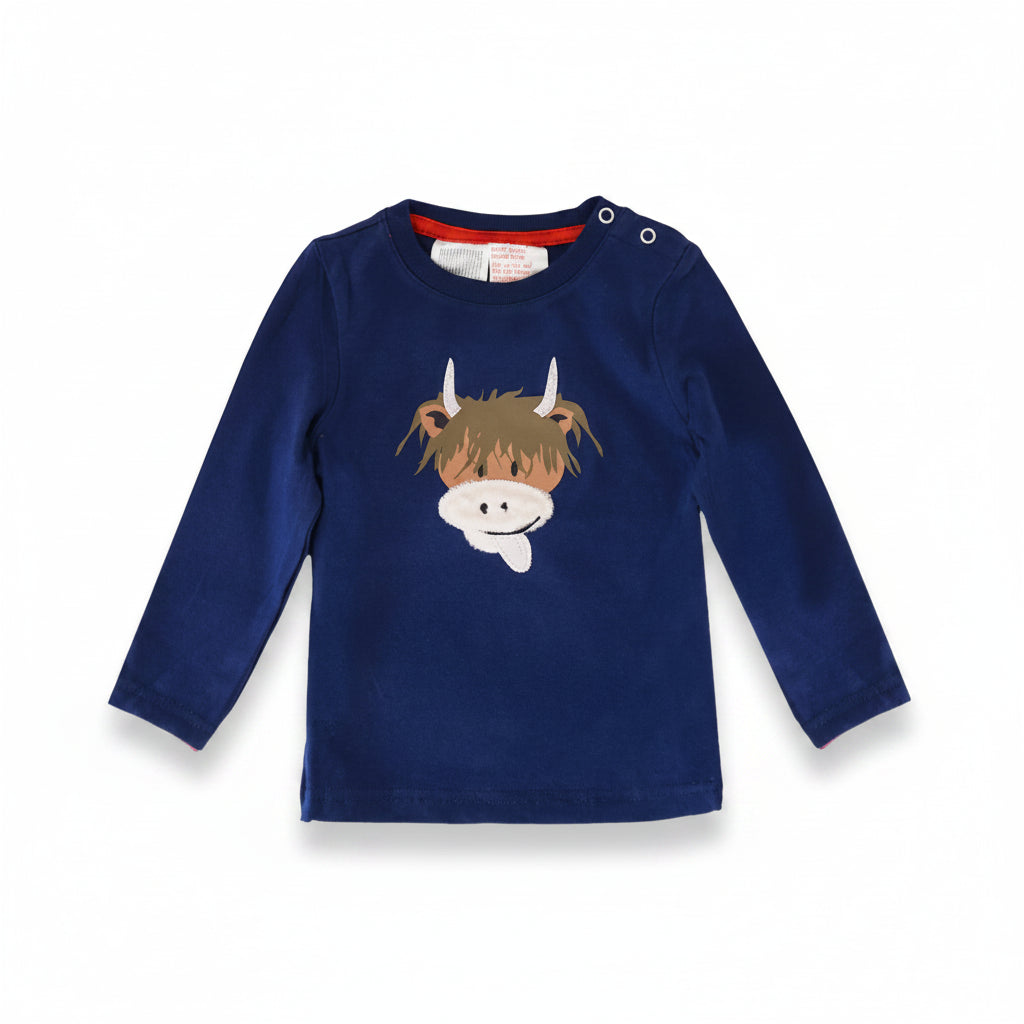 Hamish Highland Cow top in navy with appliqué face on two-tone background