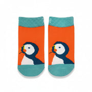 Pair of orange Kenzie the Puffin socks laid flat on an aqua and orange background