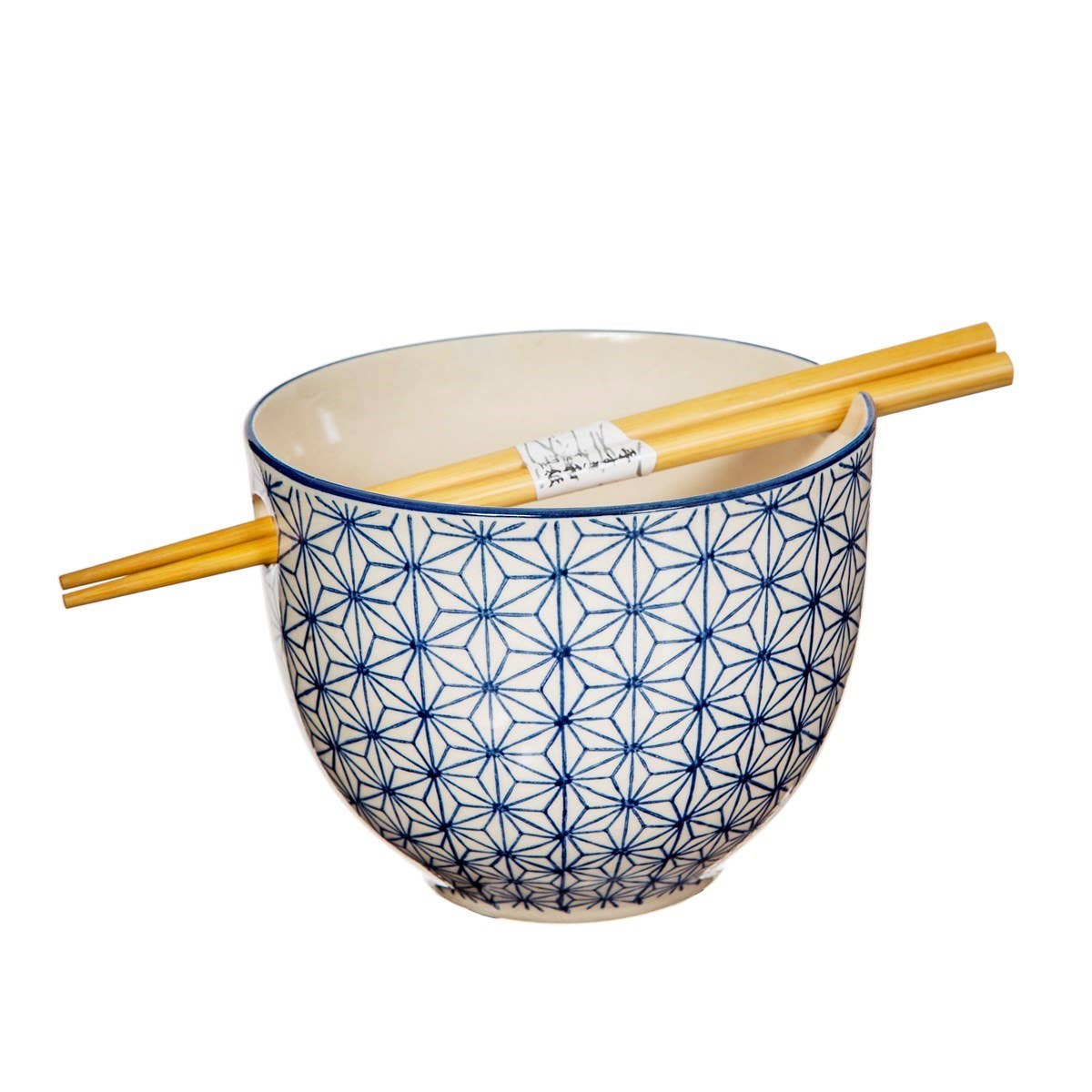 Sashiko noodle bowl from above showing chopsticks resting on rim notches