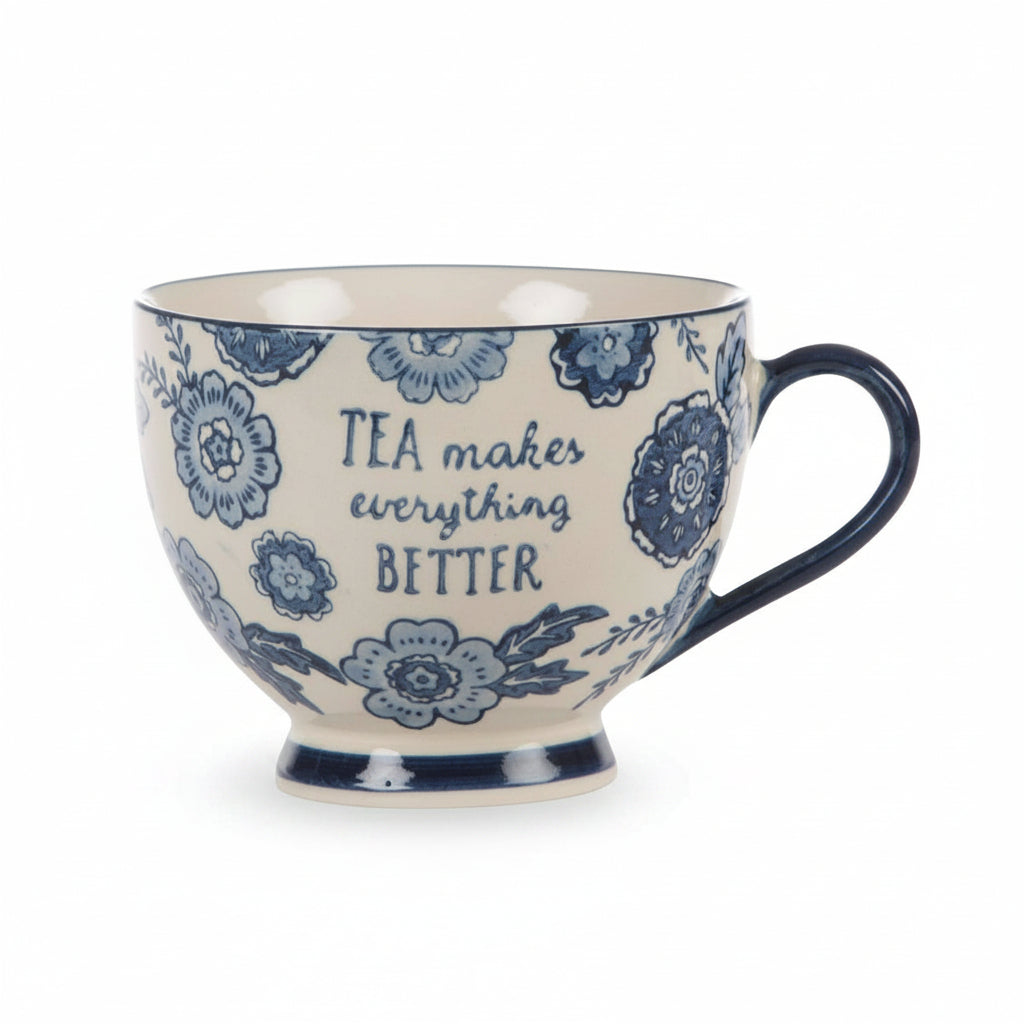 Blue Willow mug showing detailed floral pattern on white ceramic