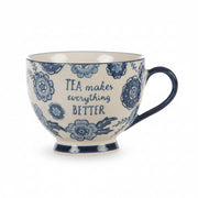 Blue Willow mug showing detailed floral pattern on white ceramic