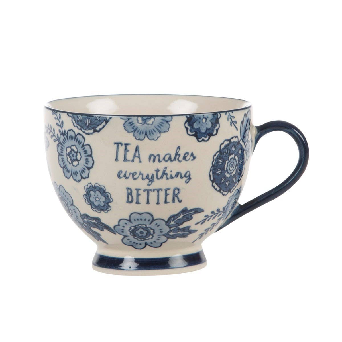 Blue Willow mug showing detailed floral pattern on white ceramic