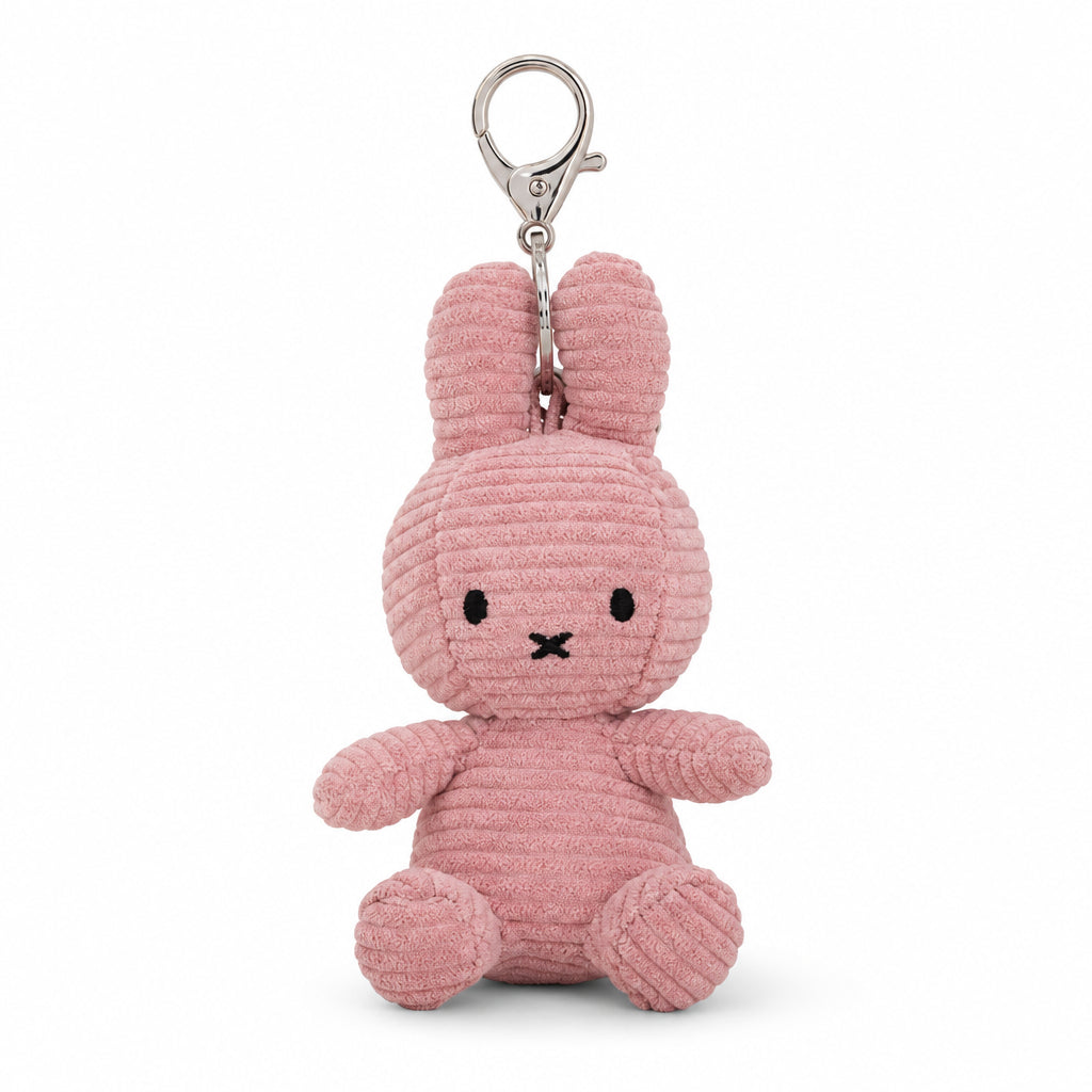 Pink corduroy Miffy bunny keyring with silver clip on white background