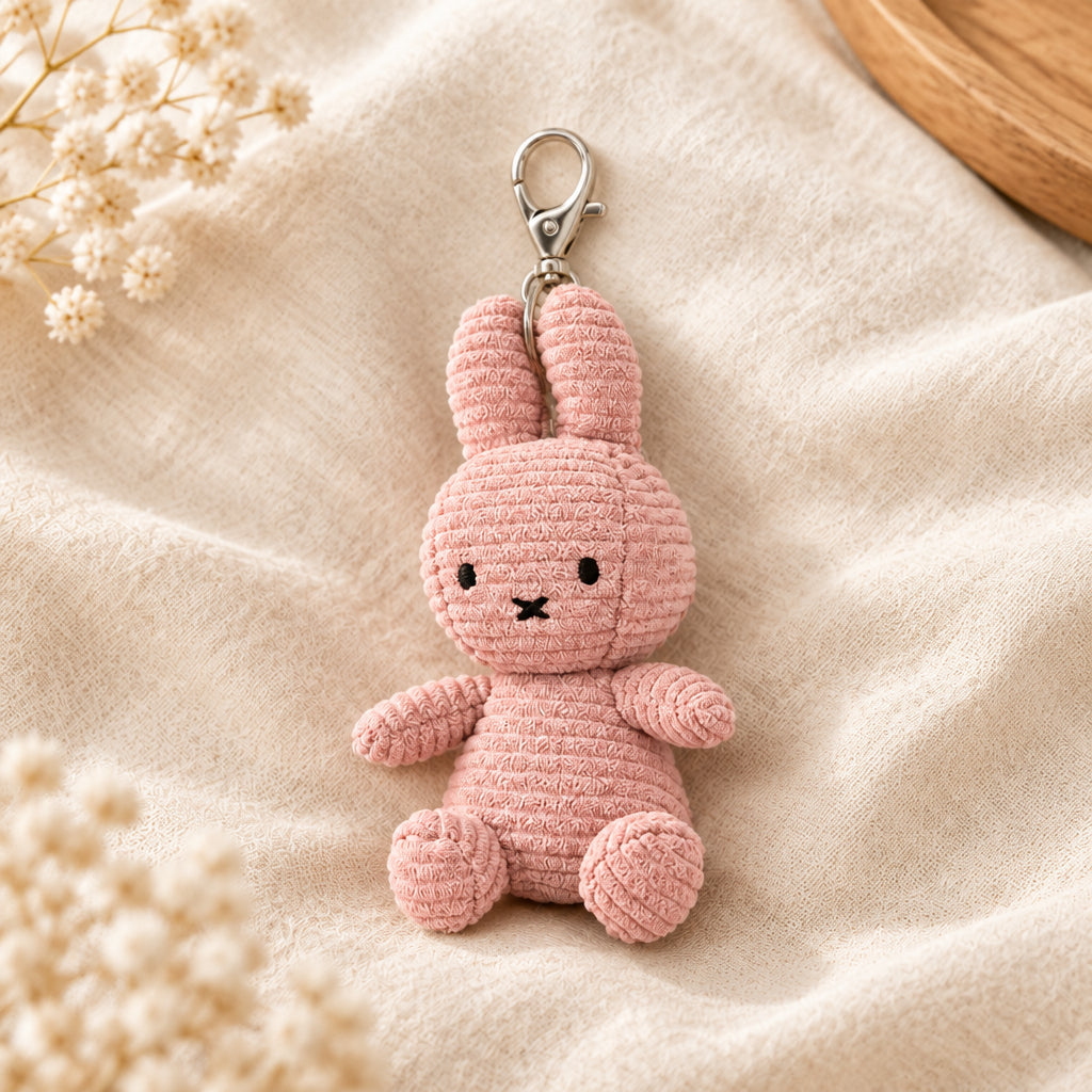 Pink corduroy Miffy keyring seen from the side with clasp above