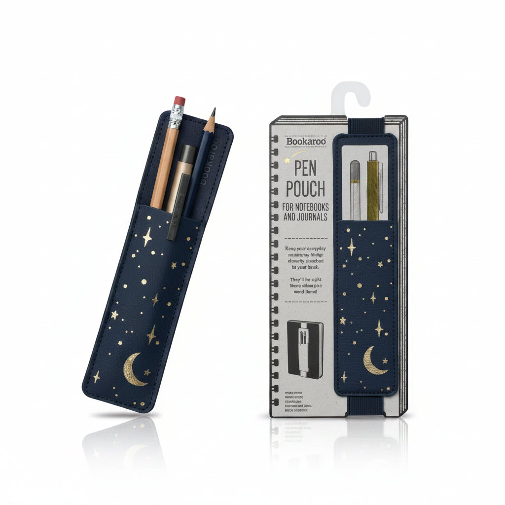 Bookaroo Moon and Stars pen pouch in navy with gold foil design
